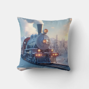 Coussin Train à vapeur vintage Hiver Montagnes neigeuses