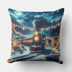 Coussin Train de Noël magique dans un paysage enneigé