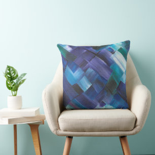 Coussin Traits de pinceau abstraits en bleu, sarcelle et v