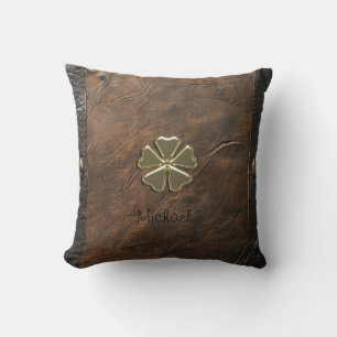 Coussin Trèfle doré Saint-Patrick, Cuir marron