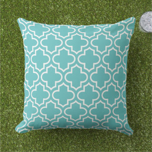 Coussin Trellis en quatrefeuilles aqua blanc classique