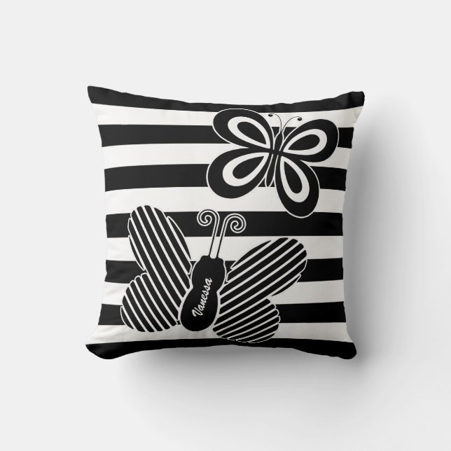 Coussin Trendy Black and White Butterfly Stripes avec nom (Recto)