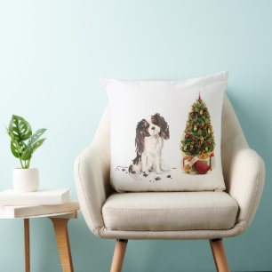 Coussin Tri-Color King Charles Spaniel Drôle chien de Noël
