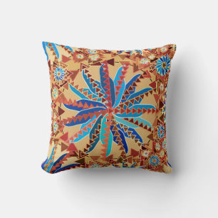 Coussin Tribal Mandala Print, Camel Tan et Denim Blue
