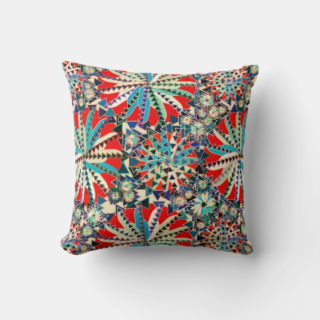 Coussin Tribal Mandala Print, Rouge, Bleu et Crème (Recto)