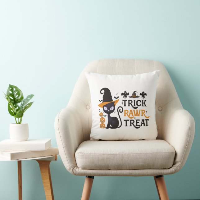 Coussin Trick Rawr Treat Black Cat White Halloween (Chaise)
