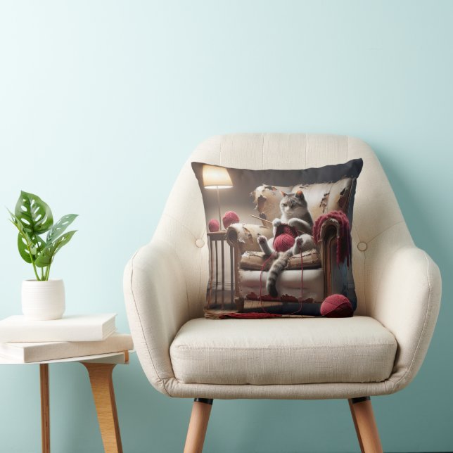 Coussin Tricot Chat Dans Ancien Siège (Chaise)