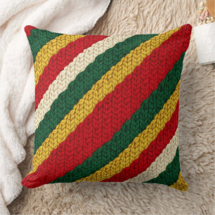 Coussin Tricot rayé festif en rouge, vert, or, crème