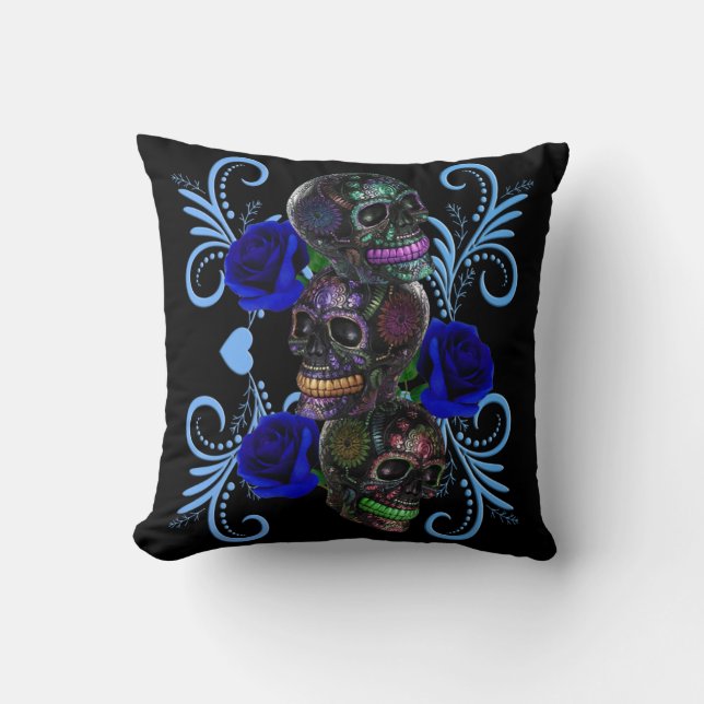 Coussin Triple Jour Noir Des Crânes Morts Roses Bleus (Recto)