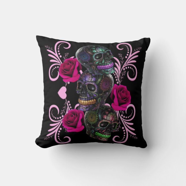 Coussin Triple Jour Noir Des Crânes Morts Roses Rose (Recto)