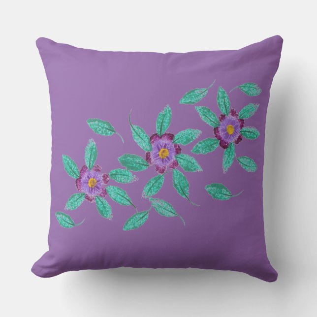 Coussin Trois Fleurs violettes Feuilles verts Jeter des or (Recto)