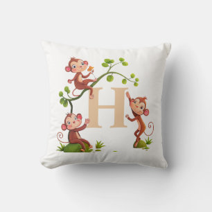 Coussin Trois jolis singes et monogramme doré sur fond bla
