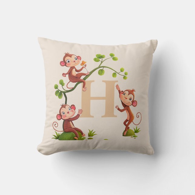Coussin Trois mignons singes et Monogramme d'or sur le bei (Recto)