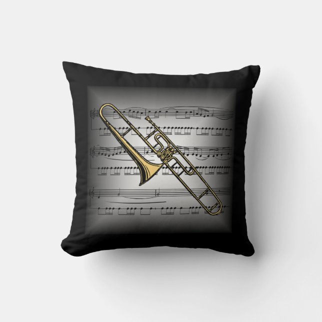 Coussin Trombone ~ 3-D Partition Musique ~ Gris/Noir Couss (Recto)