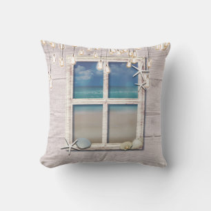 Coussin Tropical Beach Window Blanc Bois Élégant Chic