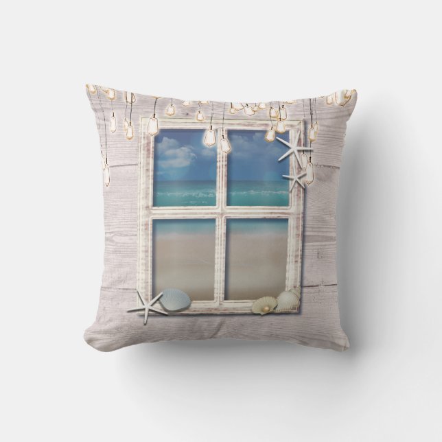 Coussin Tropical Beach Window Blanc Bois Élégant Chic (Recto)