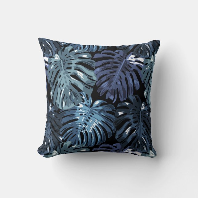 Coussin Tropical Dark Blue Monstera Feuilles de la jungle (Recto)