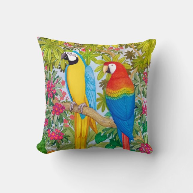 Coussin tropical de perroquets d'ara d'aquarelle (Recto)