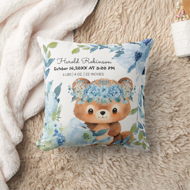 Coussin Tropical Floral Baby Boy Stats de naissance (Couverture)
