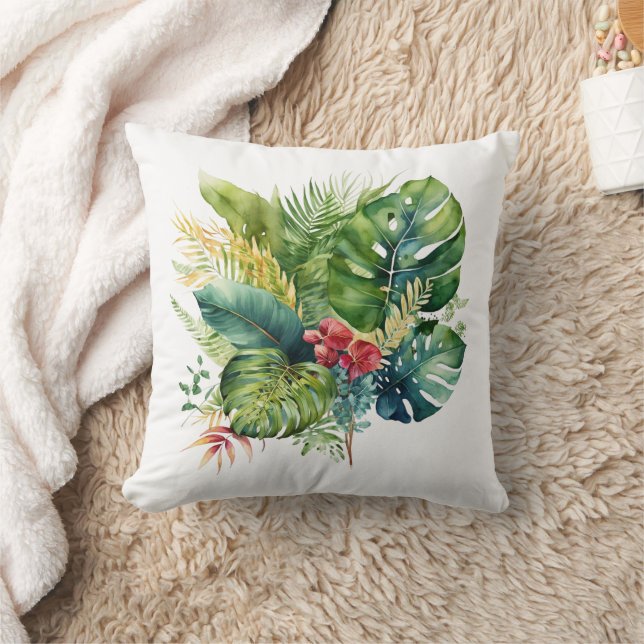 Coussin Tropical Floral Rose Foncé Feuilles de Palmier Ver (Couverture)