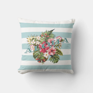 Coussin Tropical Hawaiian Aloha Floral & Aqua Stripe