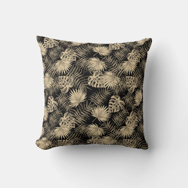 Coussin Tropical Palm Tree Feuille Motif Black Gold (Recto)
