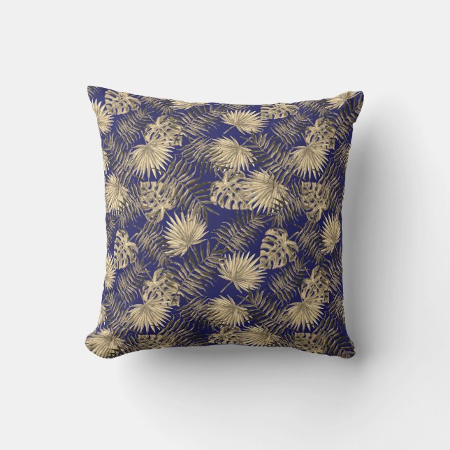Coussin Tropical Palm Tree Feuille Motif Bleu foncé Or (Recto)