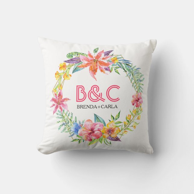 Coussin Tropique couronne fleurie or cadre géométrique (Recto)