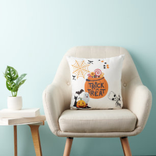 Coussin Trou ou traiter Super mignon Halloween blanc
