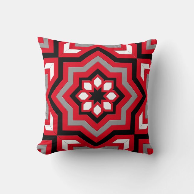 Coussin Tuile marocaine, rouge, gris/gris, noir et blanc (Recto)
