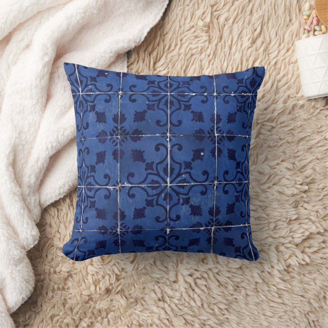 Coussin Tuiles portugaises - Azulejo Blue Floral Leaf Desi (Couverture)