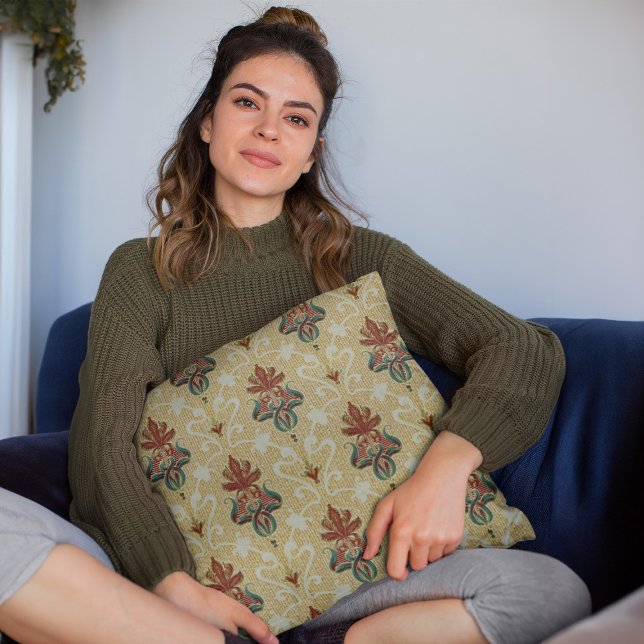 Coussin Tulipe victorienne Folip Motif Floral Livingroom (mockup of a woman holding a Victorian Tulip Foliage Floral Motif Livingroom Throw Pillow)