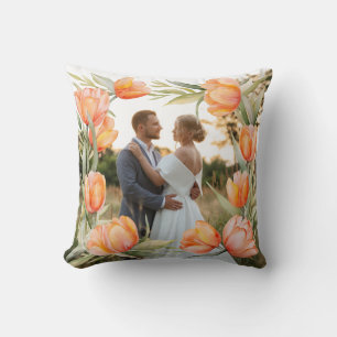 Coussin Tulipes Aquarelles Orange Bordure Couple Mariage