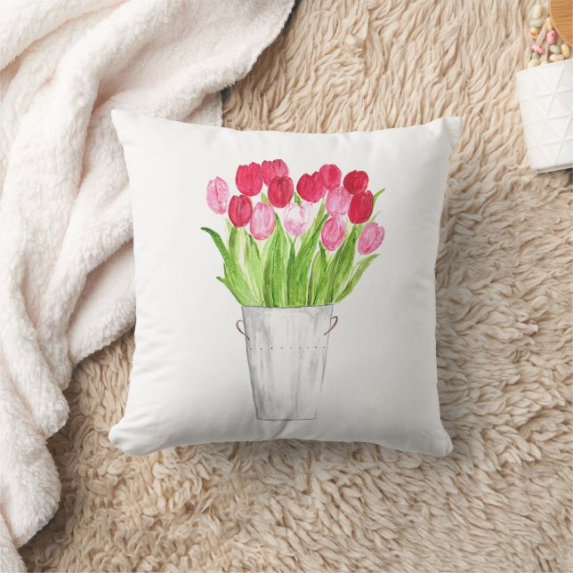 Coussin Tulipes fleurs aquarelle rose élégant jetée girly (Couverture)