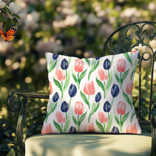Coussin Tulipes Florales Bleu Nuit Rose Blush Aquarelle