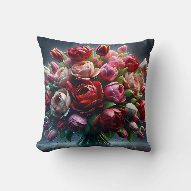 Coussin "Tulipes pluvieuses et Bouquet Rose" (Recto)