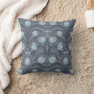 Coussin Tulipes Rétro Nouveau en bleu et étain