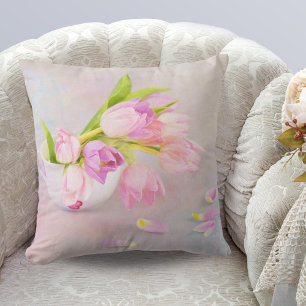 Coussin Tulipes roses et blanches dans des tasses à thé 