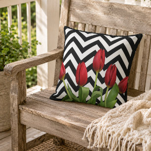 Coussin Tulipes rouges néerlandaises motif zigzag noir et