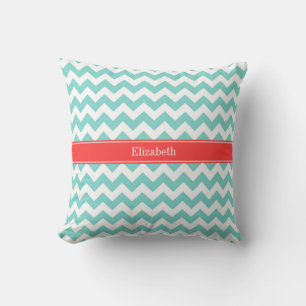 Coussin Turq / Aqua Blanc Chevron Corail Rouge Monogramme 