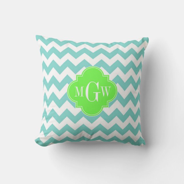 Coussin Turq / Aqua Blanc Chevron Lime 3 Initiale Monogram (Recto)