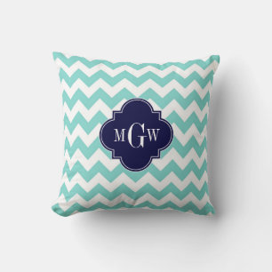 Coussin Turq / Aqua Wht Chevron Navy 3 Monogramme initial