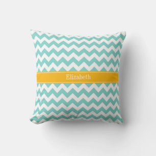 Coussin Turq / Aqua Wht Chevron Nom de la tige d'or Monogr