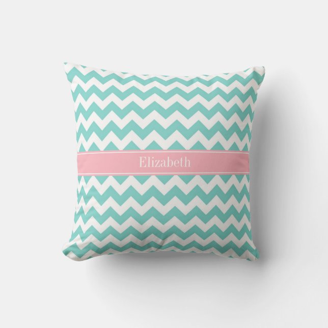 Coussin Turq / Aqua Wht Chevron Nom rose Monogramme (Recto)
