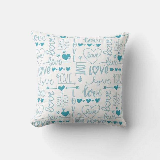 Coussin Turquoise Amusement et Amour Moderne et Coeurs (Recto)