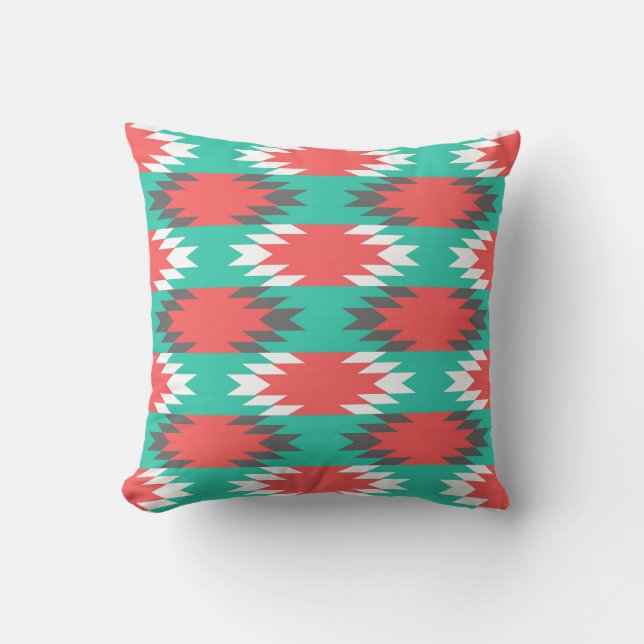 Coussin Turquoise aztèque de Natif américain et motif rose (Recto)