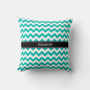 Coussin Turquoise Blanc Chevron ZigZag Nom noir Monogramme