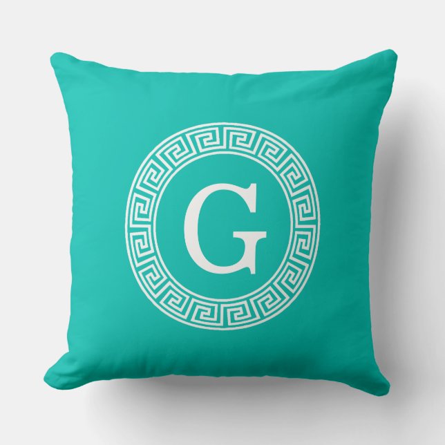 Coussin Turquoise Blanc Clé grecque Cadre Ronde Monogramme (Recto)