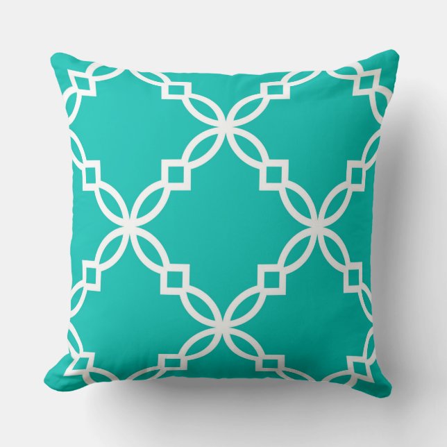 Coussin Turquoise Blanc Grand Motif de Quatrefoil Fancy (Recto)