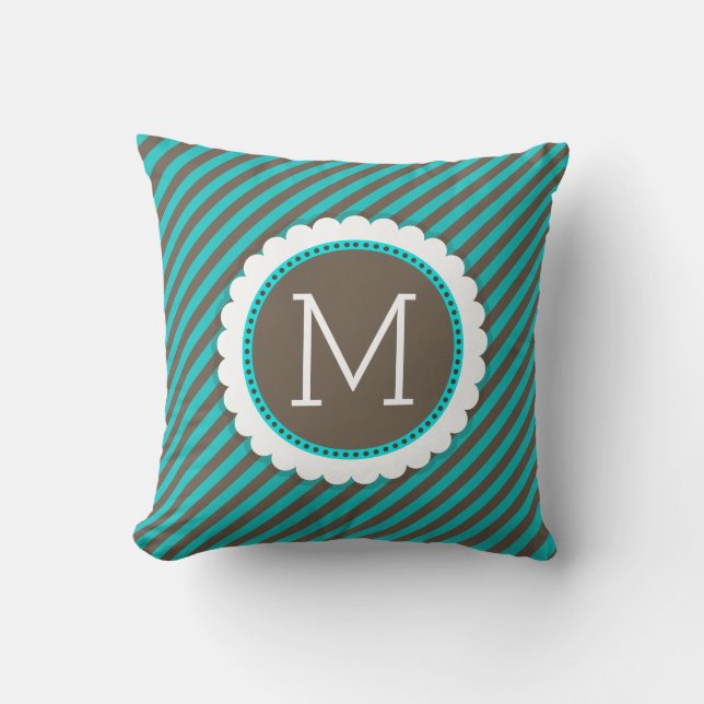 Coussin Turquoise Bleu et Brown rayures Motif Monogramme (Recto)